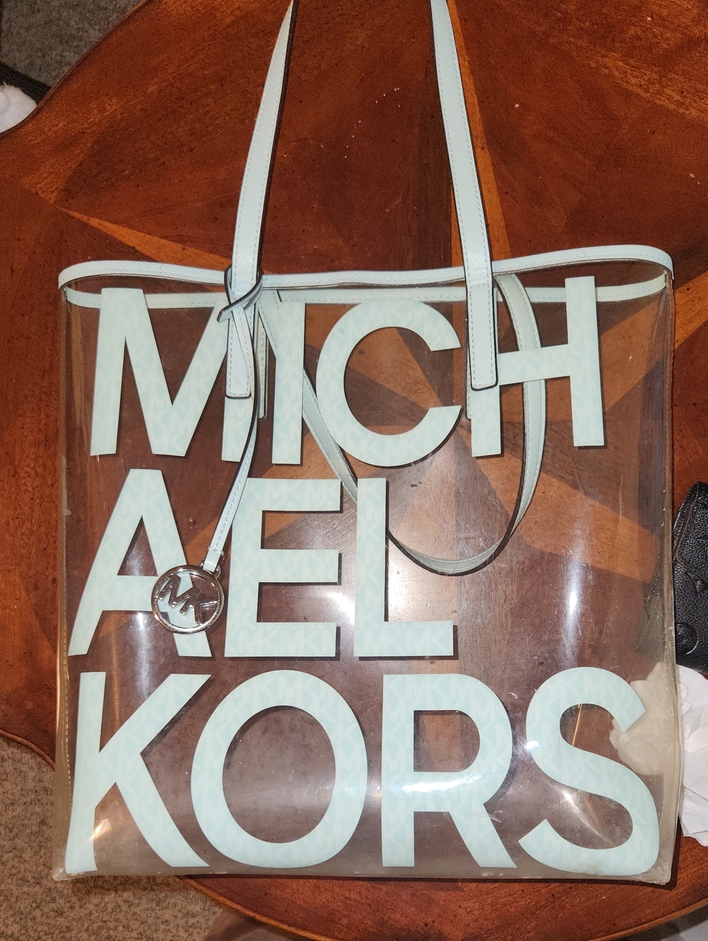 Michael Kors Clear Tote with Pale Blue Logo and Trim